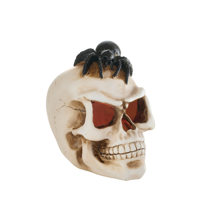 Hodeskalle med edderkopp og LED-lys